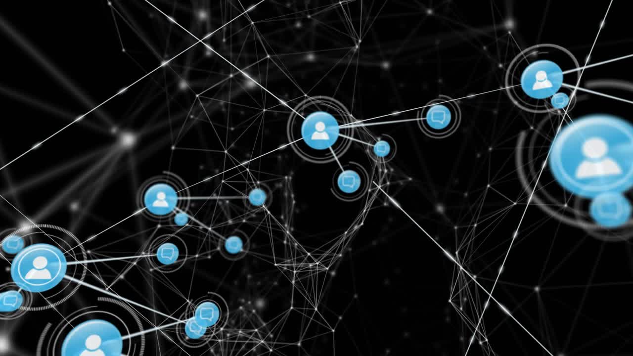 Central blue point forming user node, spawning nodes while camera pulling back, showing growth