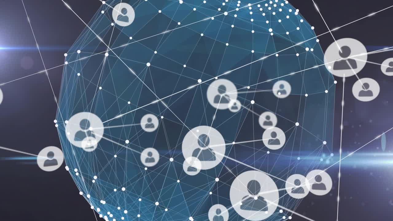 Avatars appearing at left moving toward rotating globe, connecting nodes, forming dense network