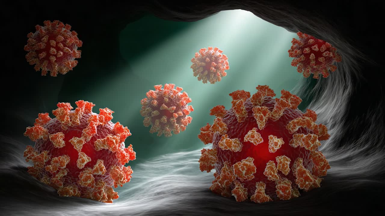 A mesmerizing depiction of microscopic virus particles shimmering in a dark cave-like environment, illuminated by streaks of light that enhance their intricate structure and texture