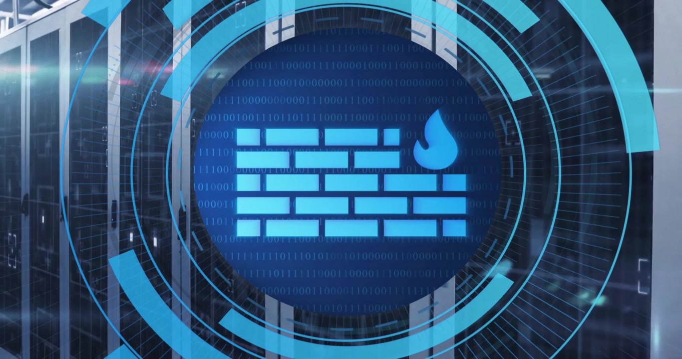 Animation of circular scanner processing firewall data over server room