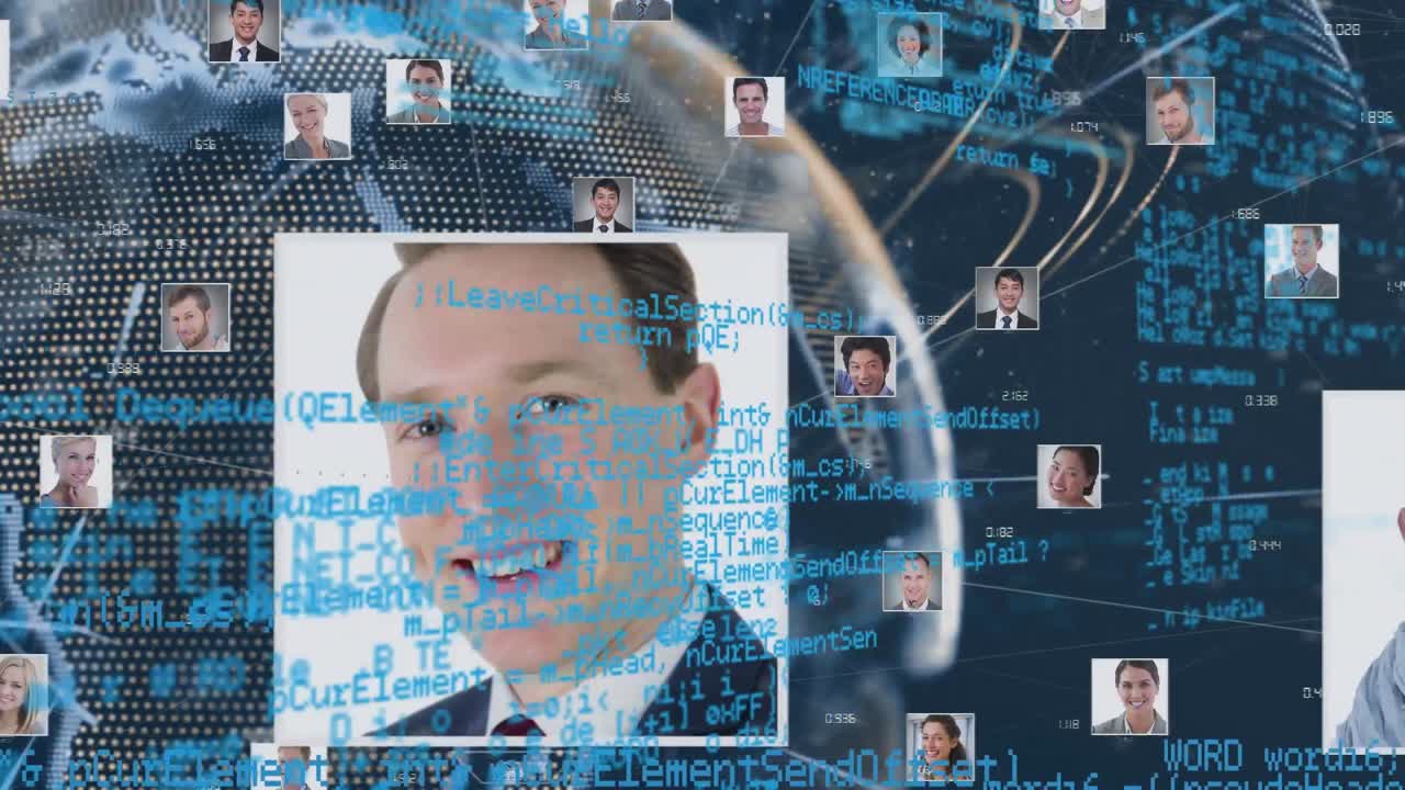 어두운 배경 위의 데이터 처리 및 연결 네트워크의 애니메이션