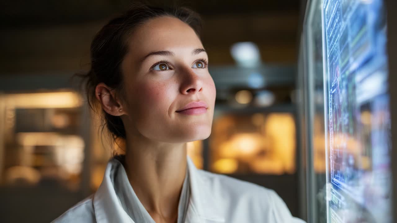 A woman in a lab coat gazes thoughtfully at a digital display, showcasing her fascination with technology and innovation in a modern research environment, highlighting curiosity and scientific exploration