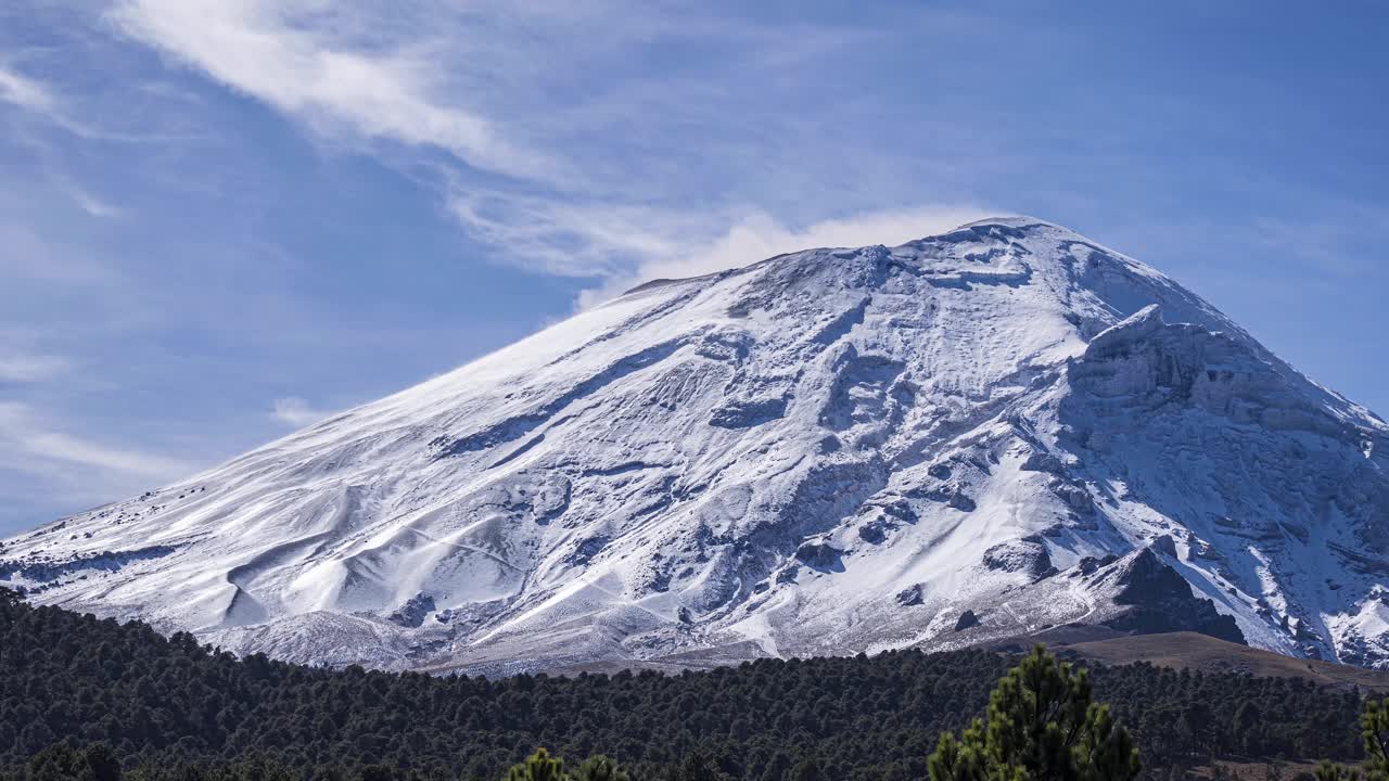 Time lapse of Popocatepetl active volcano with steam and fumarole of smoke. Mexico