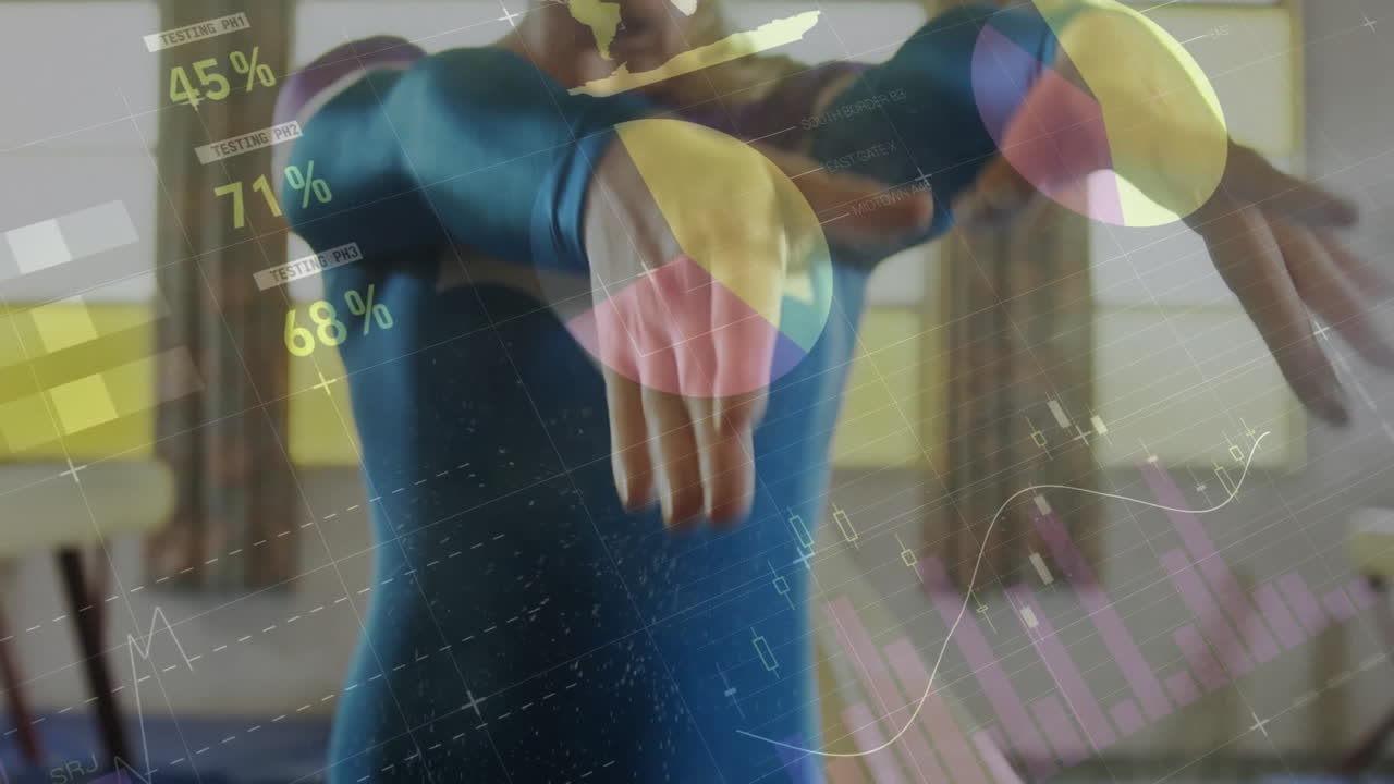 animación de procesamiento de datos y diagramas sobre mujer caucásica haciendo ejercicio en el gimnasio