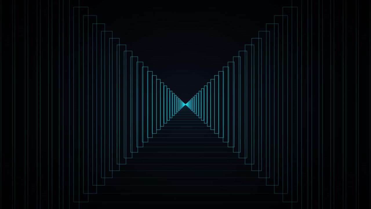Abstract Tunnel of Glowing Cyan Rectangles on Black Background