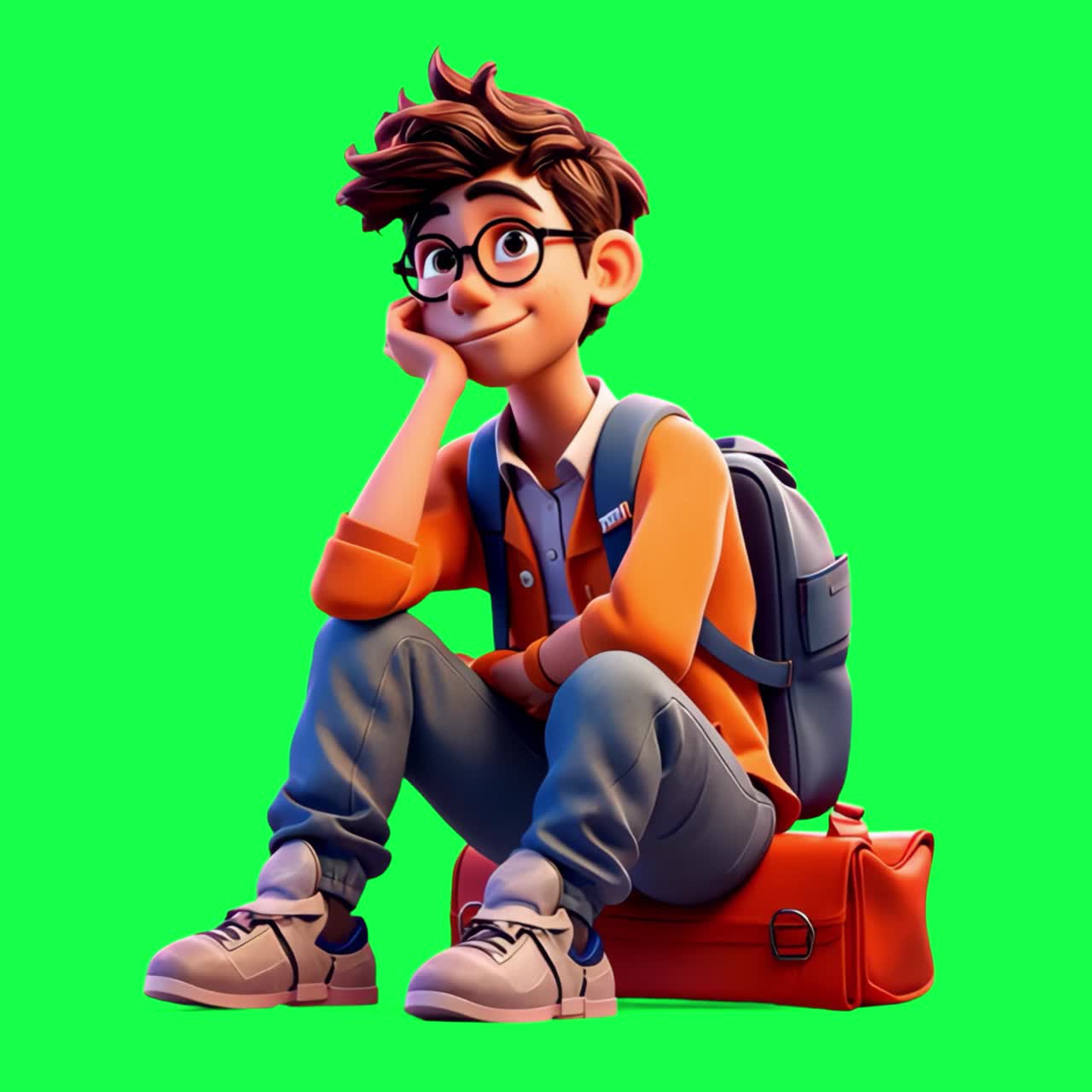 Student sitting on a bag animation, transparent 4K video, green screen