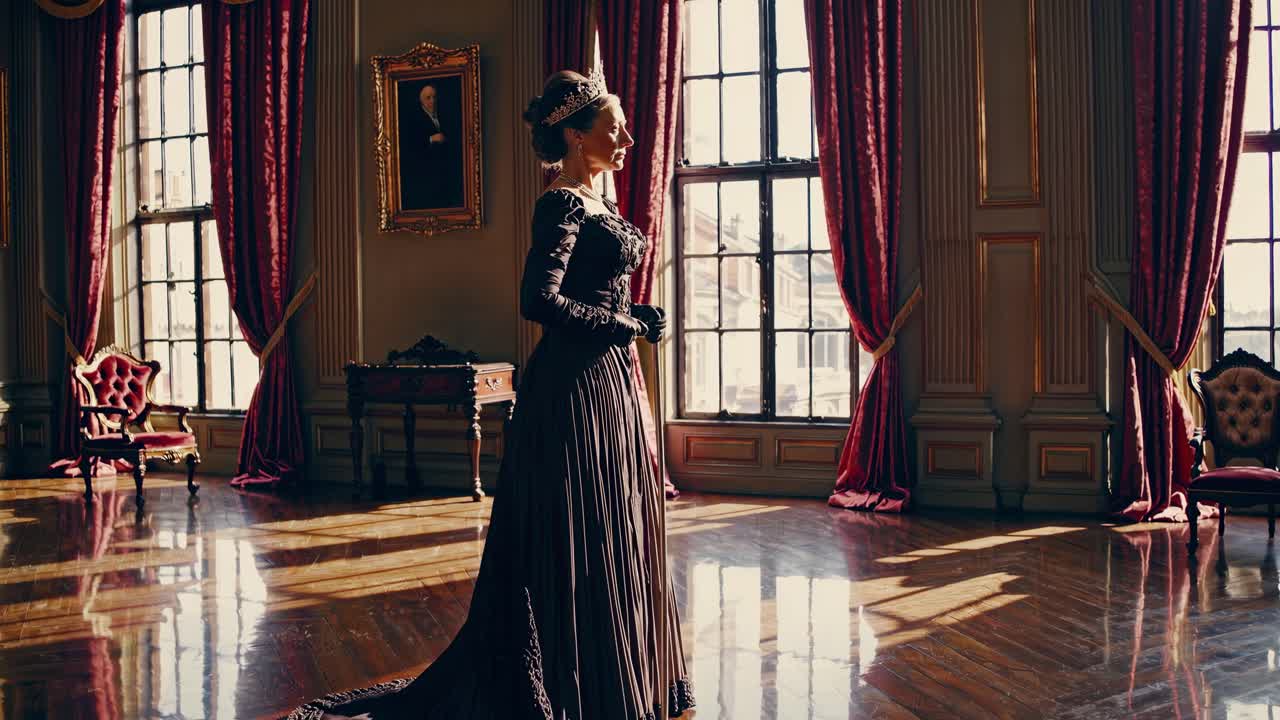 Una scena video in stile vintage cattura una donna in abito elegante in piedi in una sala sontuosa con alti