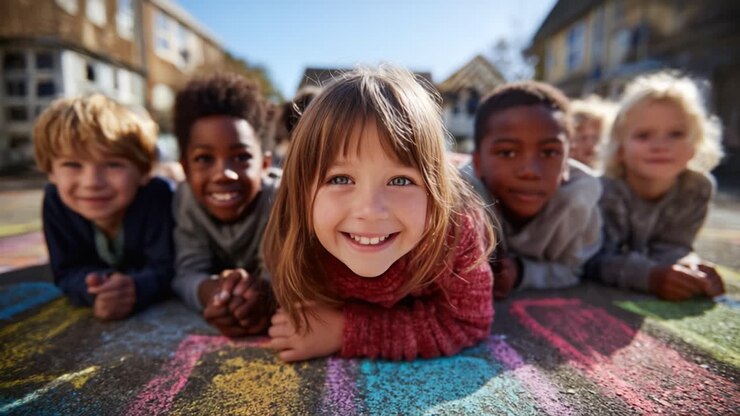 Um Grupo Alegre de Crianças Desfrutando de um Dia Colorido ao Ar Livre, Sorrindo e Brincando Juntas num Parque Infantil Brilhante e Ensolarado com Arte Vibrante de Giz.