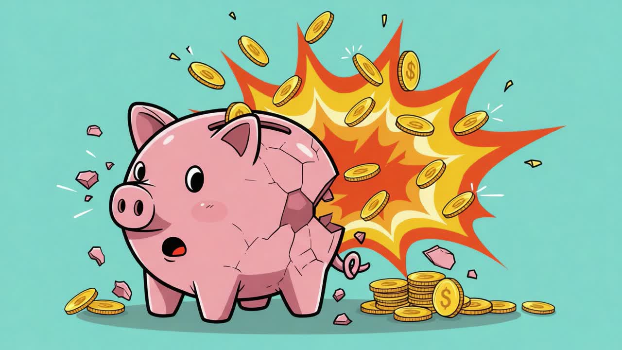 A cartoon piggy bank explosively breaks open, releasing a shower of coins and pieces, illustrating the concept of unexpected financial loss or surprise wealth