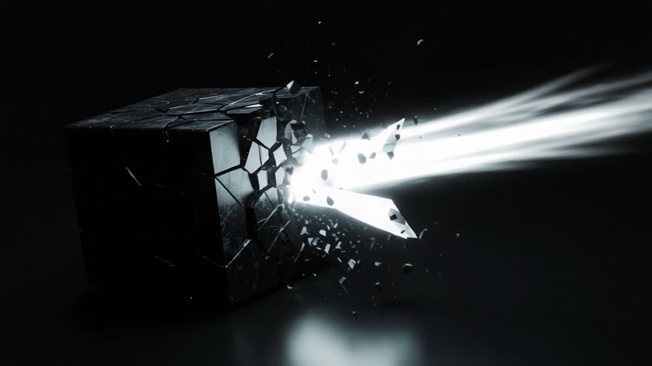 An Explosive Transformation: A Dark Cube Shatters Under the Force of an Emanating Light Beam in a Stunning Visual Display of Energy and Motion