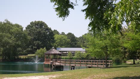 picturesque lake setting with a delightful pavilion positioned in the center, surrounded by a lush canopy of trees