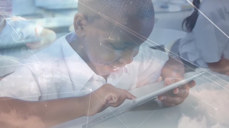 Animation of network of connections over african american schoolboy using tablet