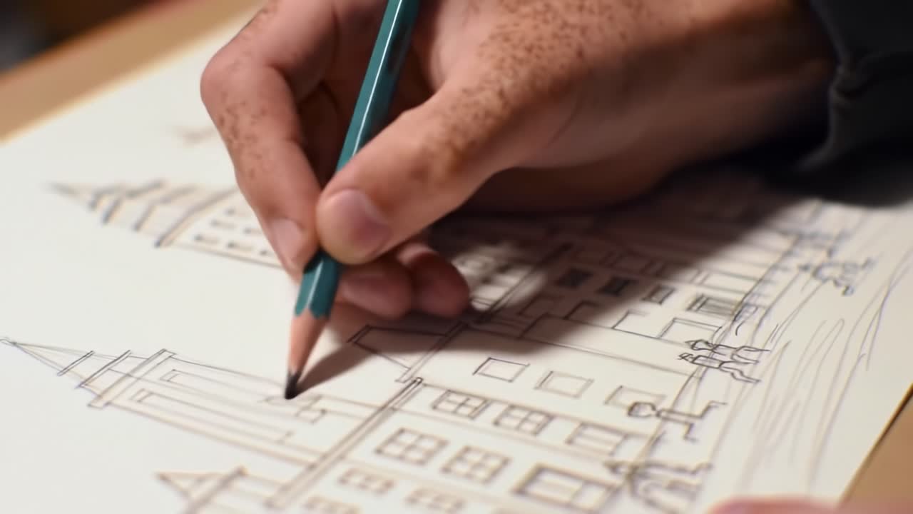 Artistic Process: A Close-Up of a Hand Skillfully Sketching an Architectural Scene with a Pencil, Capturing the Intricate Details of Building Designs and Urban Elements