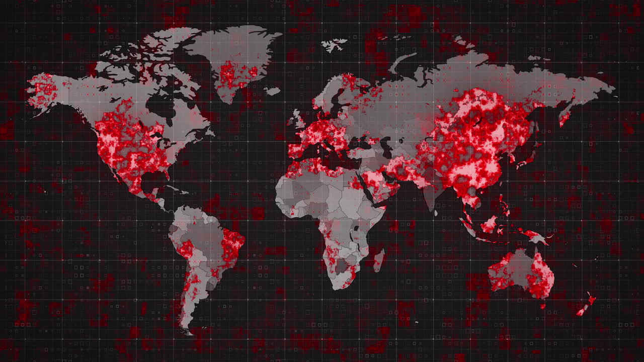 animación del mapa del mundo y los países se vuelven rojos a través de círculos en un fondo oscuro