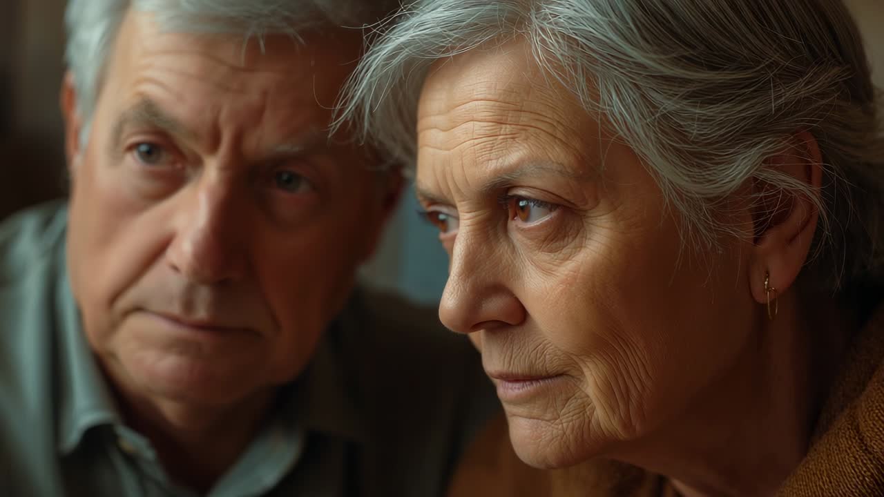 Een oudere man die naar een vrouw thuis leunt en reageert op haar bedachtzame blik, met gouden oorringen