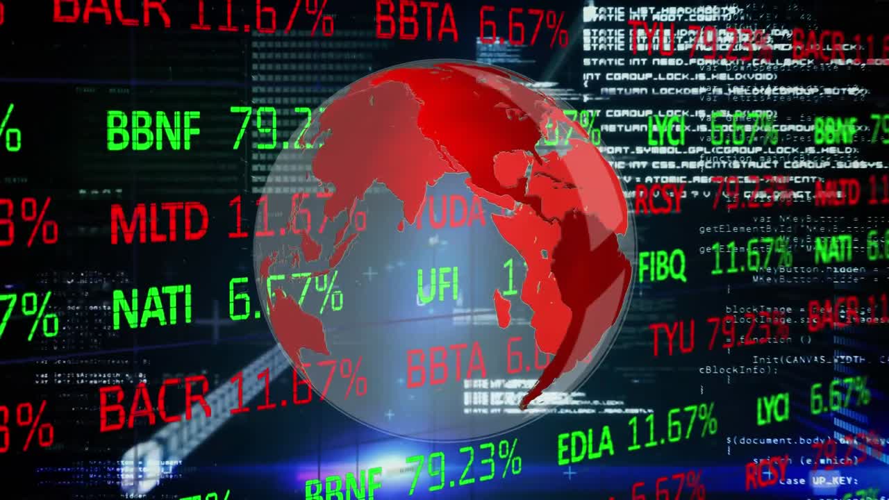 세계가 회전하는 디지털 복합 비디오와 배경에서 주식 시장 데이터 처리