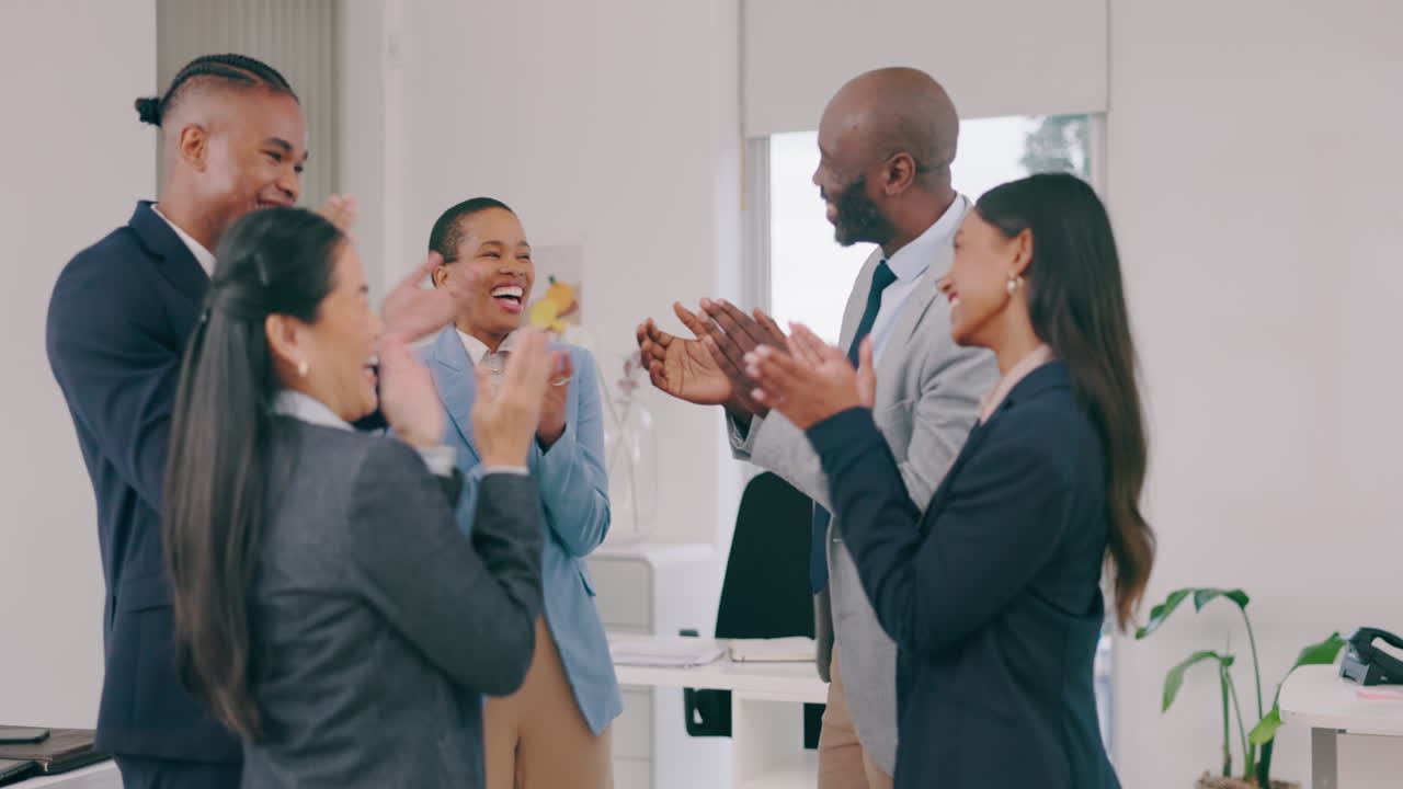 Business people, applause and staff