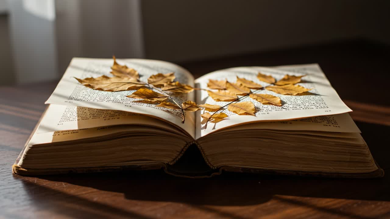 Open Book with Dried Autumn Leaves