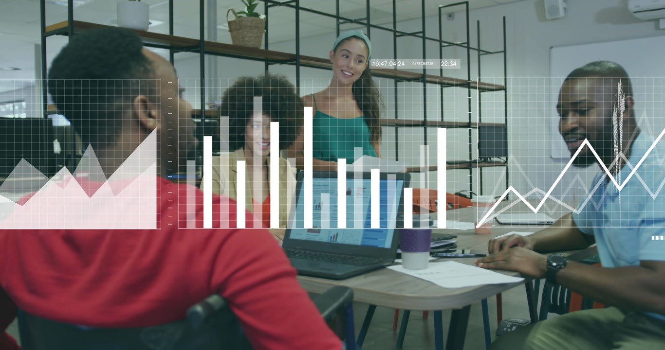 Colleagues opening laptop in business meeting, viewing data shifting line to area to bar over map