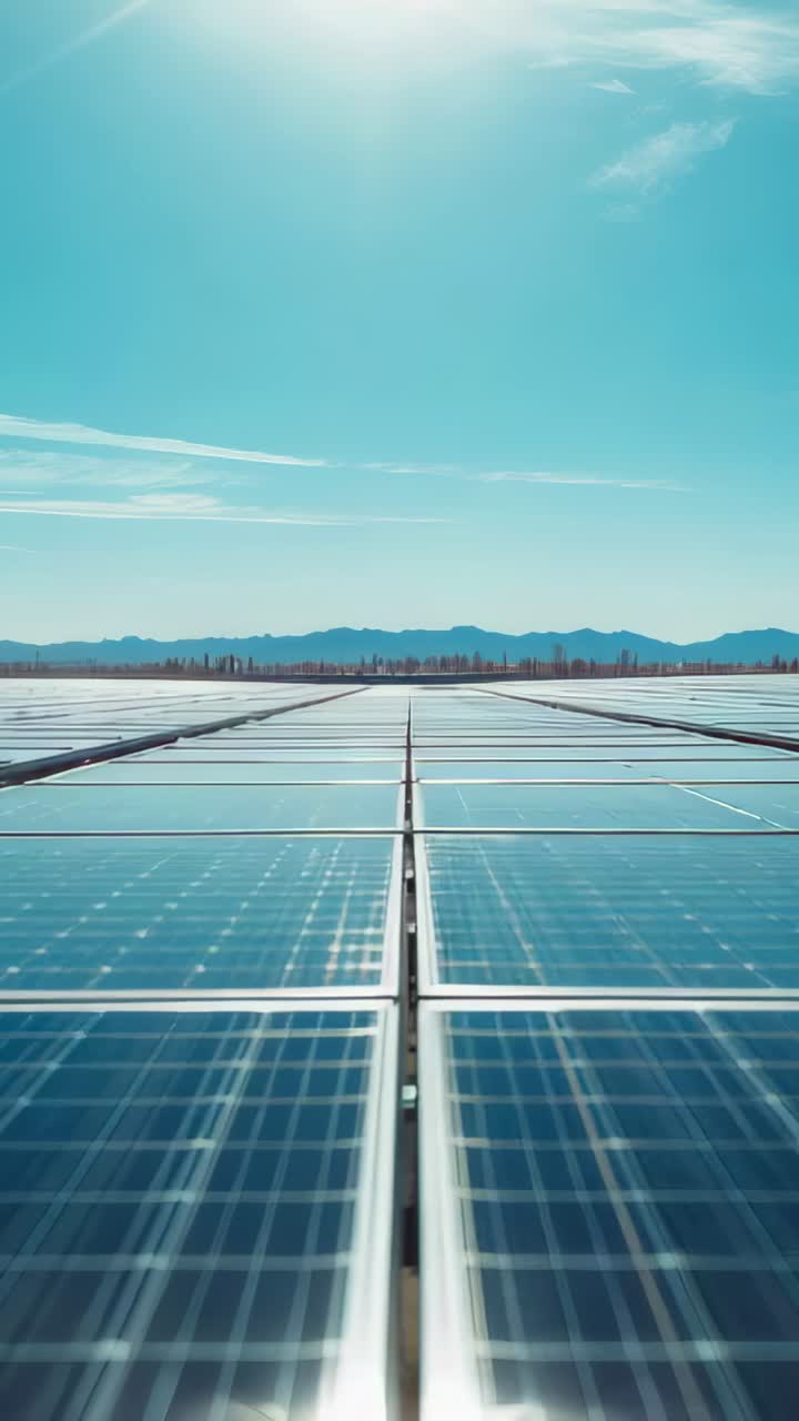 Vertical video: Tilting camera revealing ground solar panels on plain, showing sun reflections