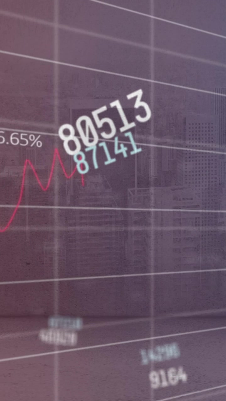 Animation of changing numbers and statistical data processing against aerial view of cityscape