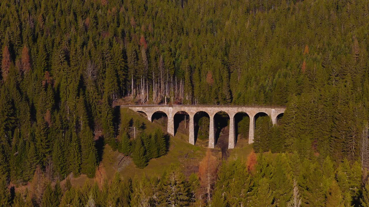 Aerial view of the Telgárt railway viaduct in Slovakia, framed by thick evergreen forest and warm afternoon light highlighting its elegant stone arches