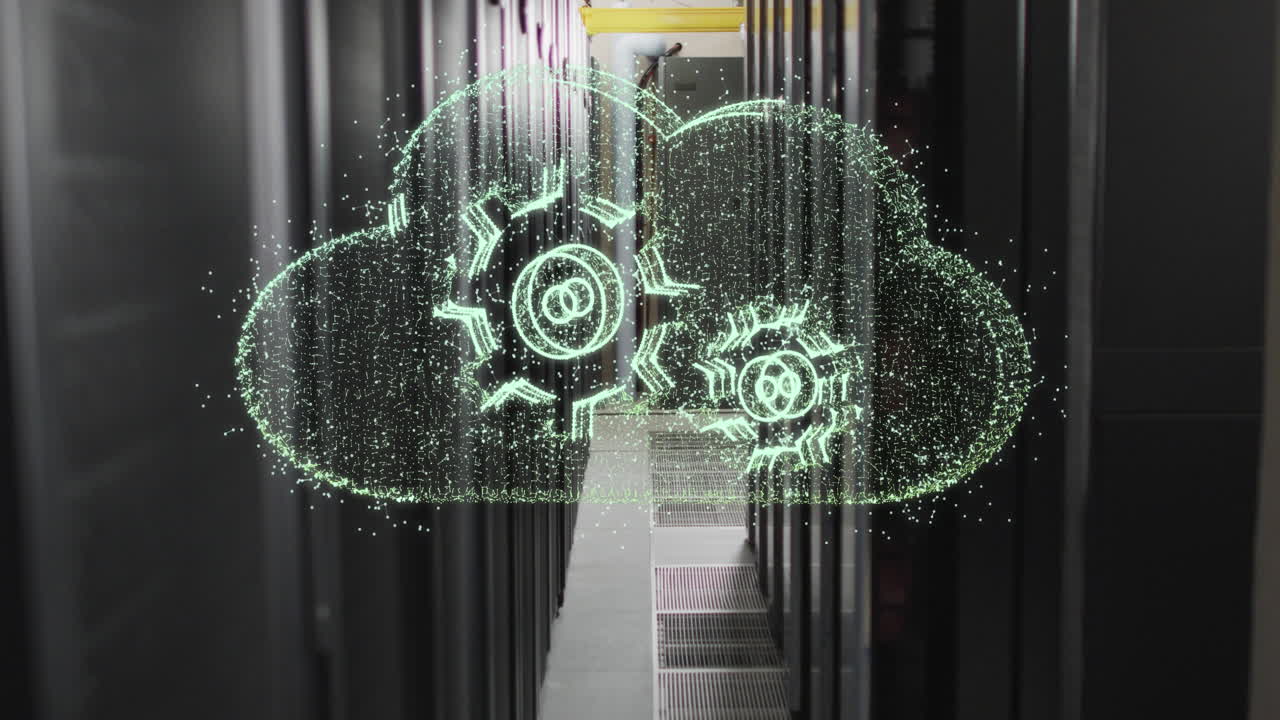 animación de la configuración y el icono de la nube contra la sala del servidor de la computadora.