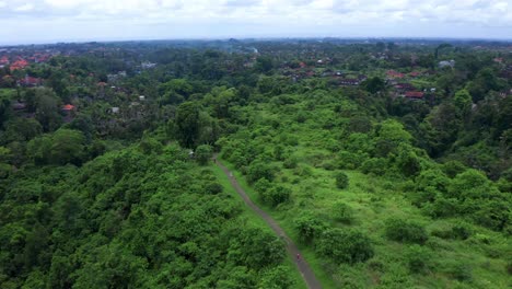 Una-Vista-Armoniosa-Y-Maravillosa-De-Campuhan-Ridge-Walk,-Bali,-Indonesia---Panorámica-Aérea