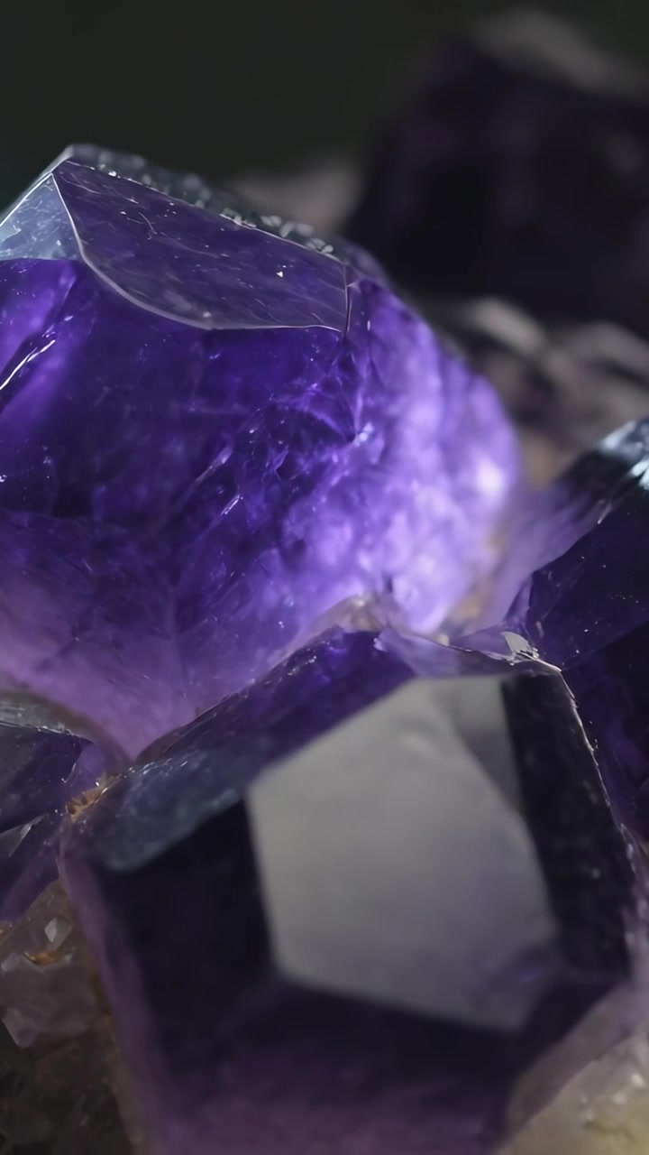 Vidéo verticale : La caméra recule, montrant une grappe d'améthyste sur une table sombre, un doigt la stabilisant.