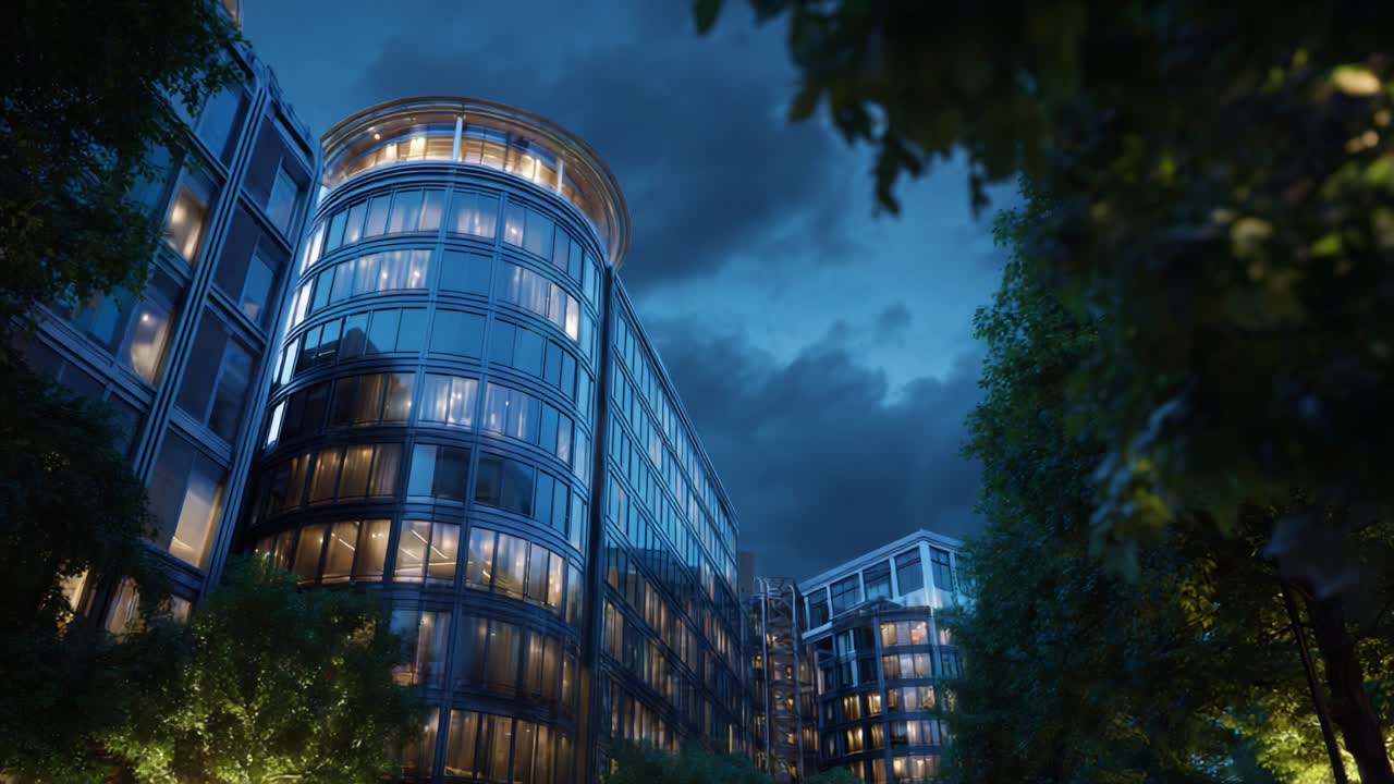 Bellezza architettonica di notte: edifici moderni in vetro illuminati sotto un cielo spettacolare, circondati da una vegetazione lussureggiante che crea un paesaggio urbano incantevole