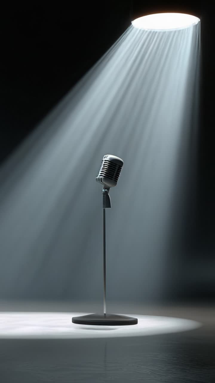 Un microfono classico si erge solitario sotto i riflettori, proiettando ombre artistiche con una forte enfasi sull'attrezzatura in un contesto di performance intimo