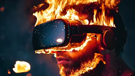 a man wearing a virtual reality headset with fire coming out of his face