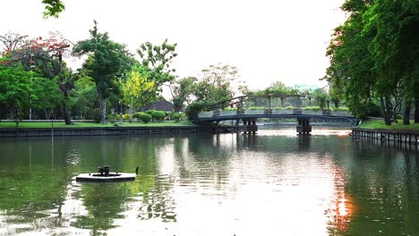 a tranquil lake scene with a bridge