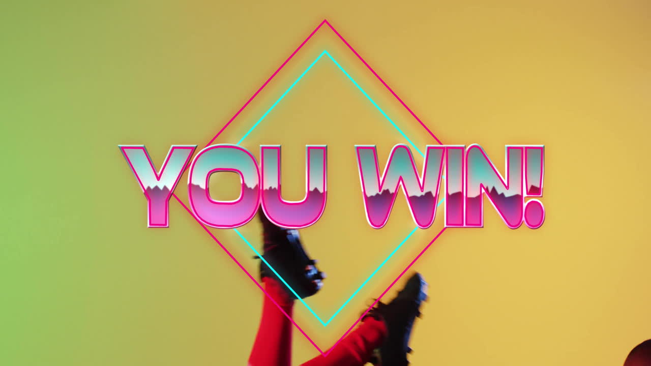 Animation of you win text with shapes over african american male rugby player jumping