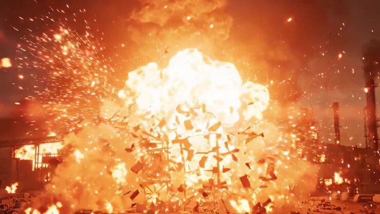 A Catastrophic Industrial Fire Unfolds: Spectacular Flames and Smoke Billow from a Collapsed Structure as the Scene Transforms into a Devastating Blaze of Destruction