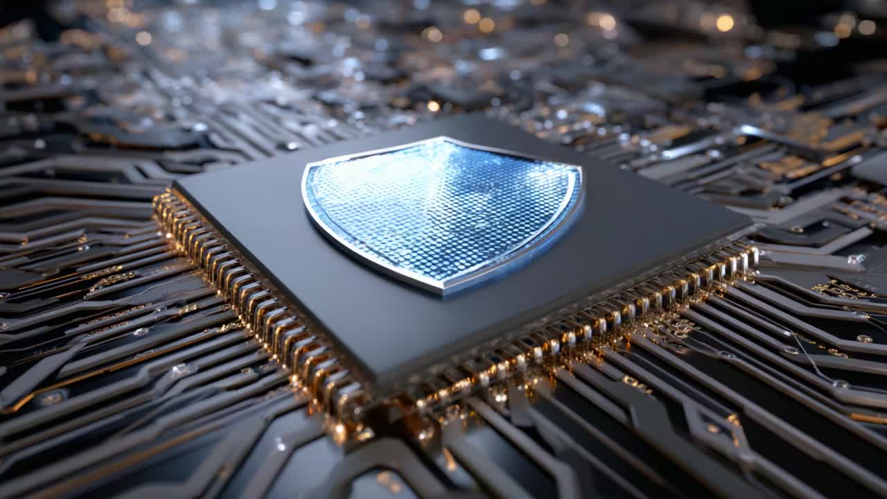 Enhanced Security Circuit with Digital Shield Icon on Advanced Microchip Showcase, Highlighting the Importance of Cyber Protection in Technology Development