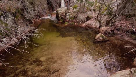 A-pedestal-shot-of-a-small-pond-revealing-a-waterfall-in-the-background