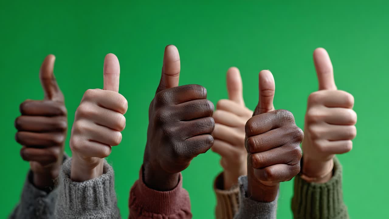 Una expresión positiva de apoyo y aprobación: varias manos mostrando el pulgar hacia arriba sobre un vibrante fondo verde que refleja unidad y optimismo