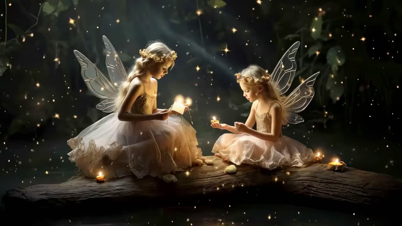 Due ragazze dall'aspetto fatato sedute su un tronco, circondate da luci scintillanti, in un magico scenario silvestre
