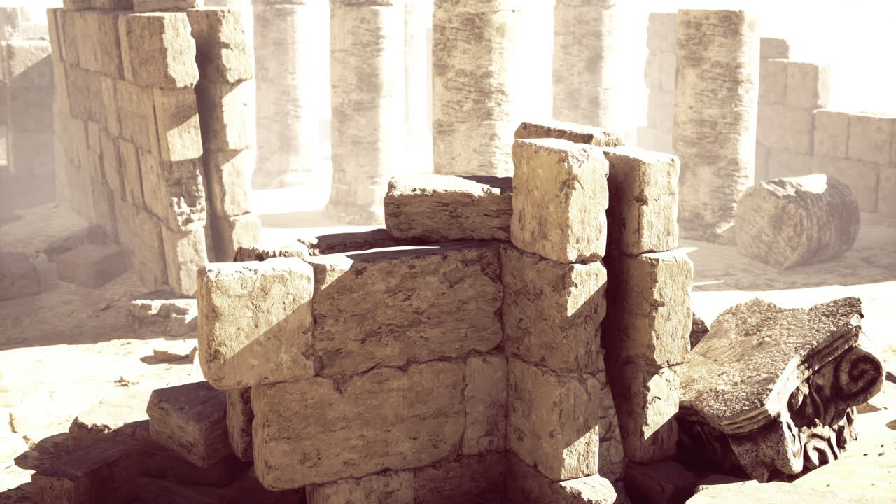 Ancient ruins in a sunlit desert showcasing weathered stone structures