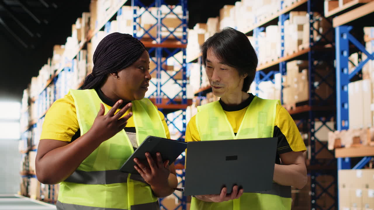Vertical Video Black and asian workers managing the order fulfillment process in shipping area
