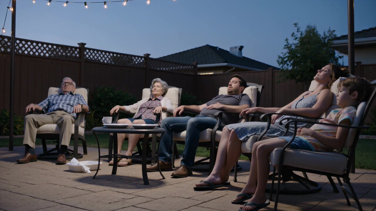 Avvistando un oggetto sopra la testa, una famiglia si appoggia all'indietro su poltrone reclinabili, inclinando la testa nel patio con luci.