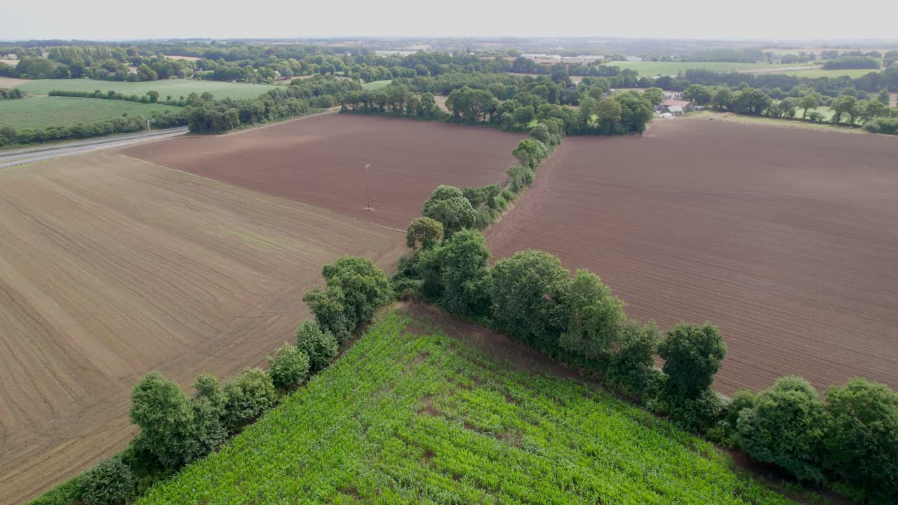 Flying over Brittany rural landscape and cultivated wheat fields in France
