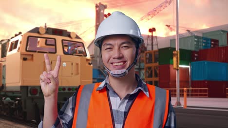 smiling engineer at port with train background