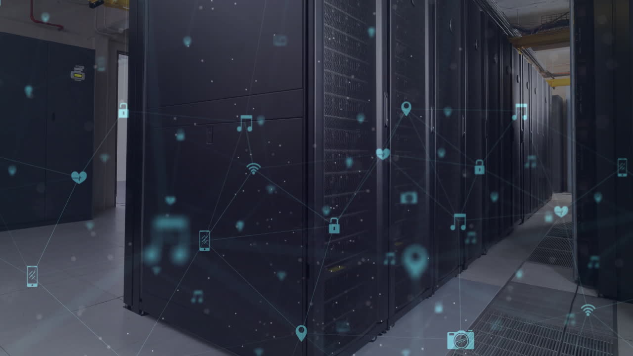 Animation of network of connections with icons over server room