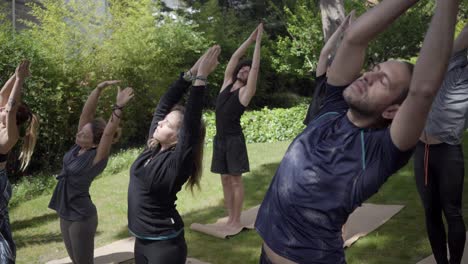 hombres y mujeres practicando yoga en el parque