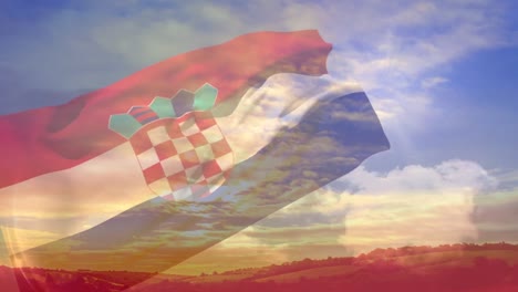 Animación-De-La-Bandera-Ondeante-De-Croacia-Sobre-El-Paisaje.