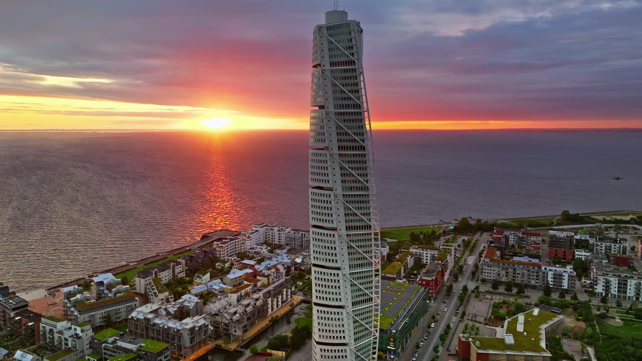 Aerial drone view of Turning Torso residential skyscraper in Malmo, Sweden at sunset
