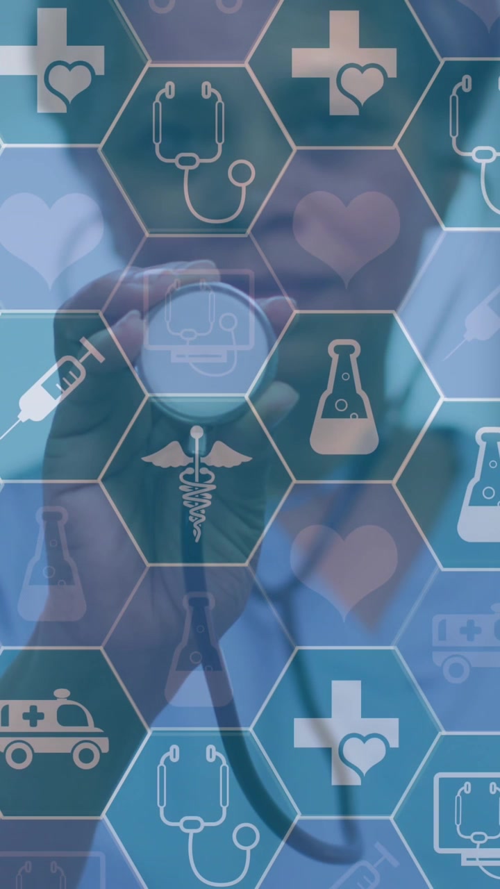 Animação de ícones médicos e processamento de dados sobre médica afro-americana com estetoscópio