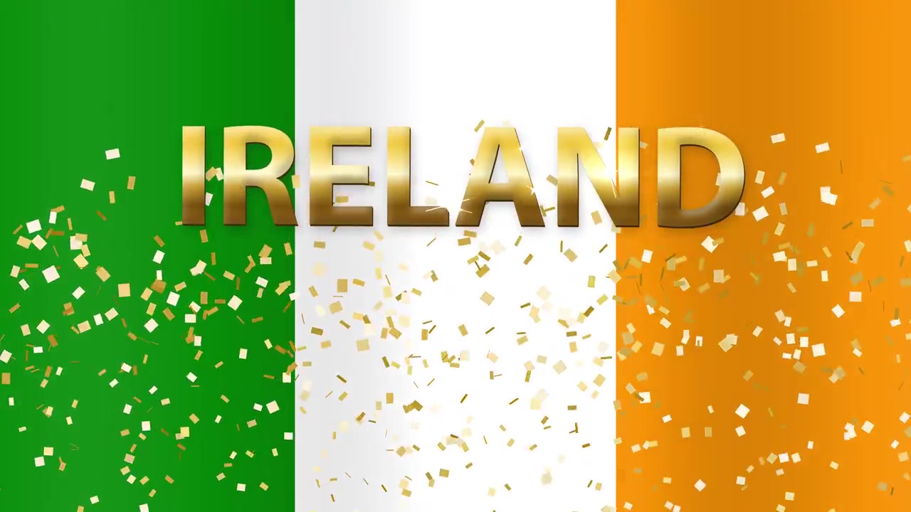 Bandera tricolor irlandesa animada ondea detrás de un texto dorado de Irlanda y partículas de confeti metálico brillante.
